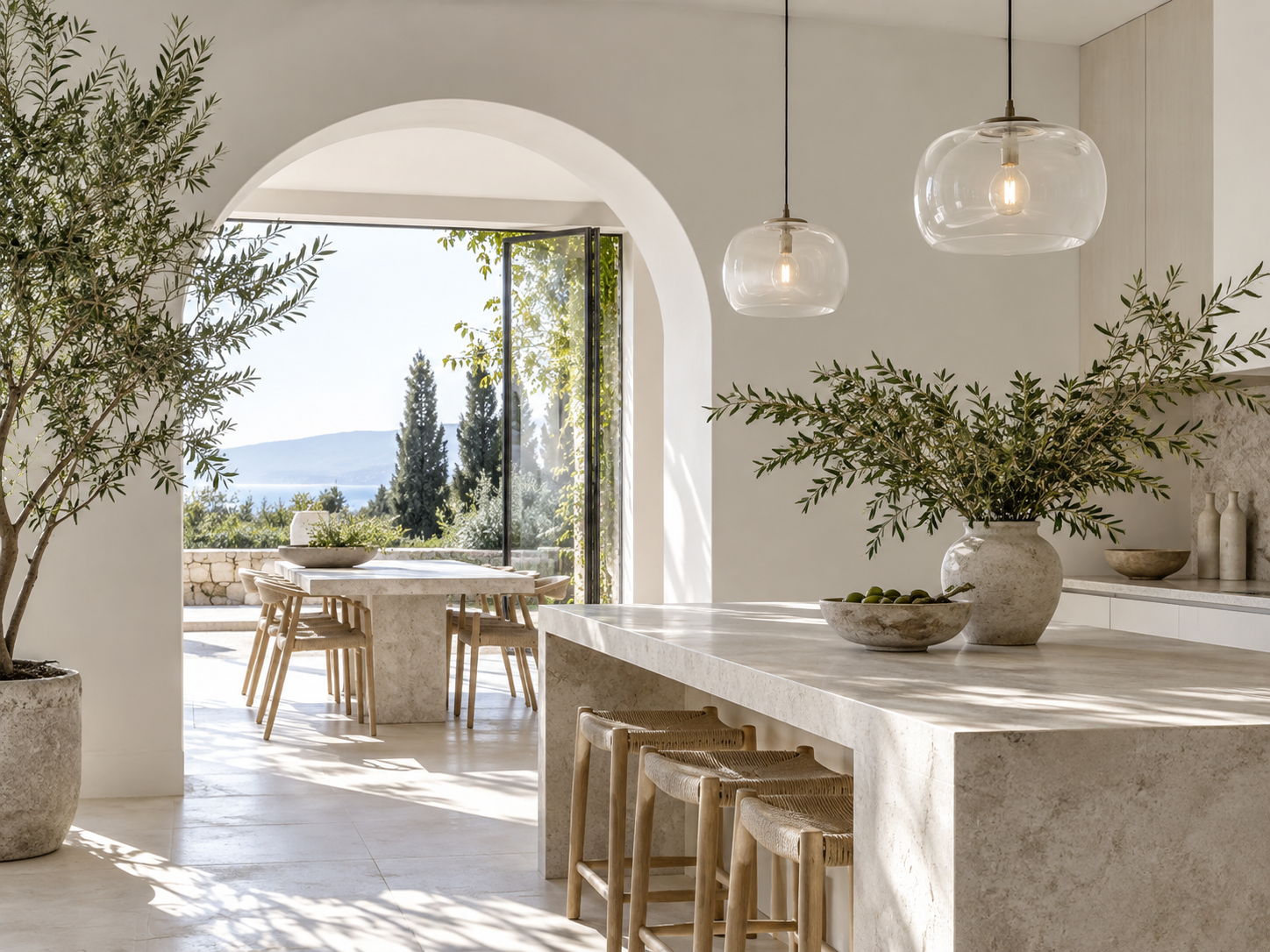 Bright interior with sculptural pendant lighting and greenery