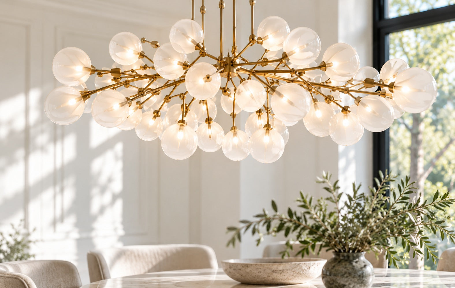 Sculptural chandelier above a bright dining room