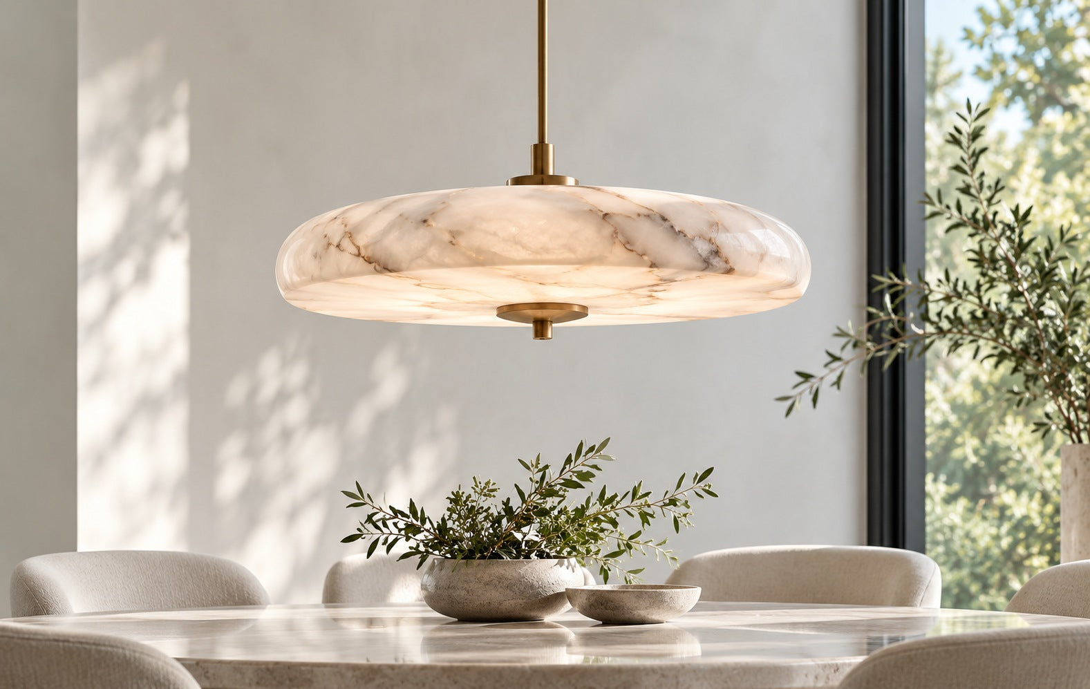 Alabaster pendant in a bright dining room