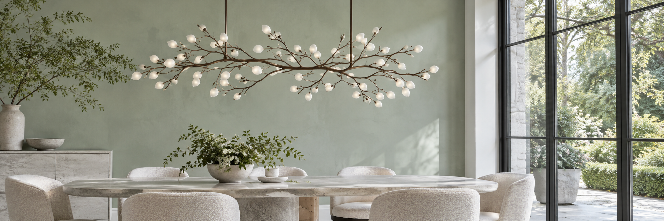 A sculptural chandelier in a bright dining room