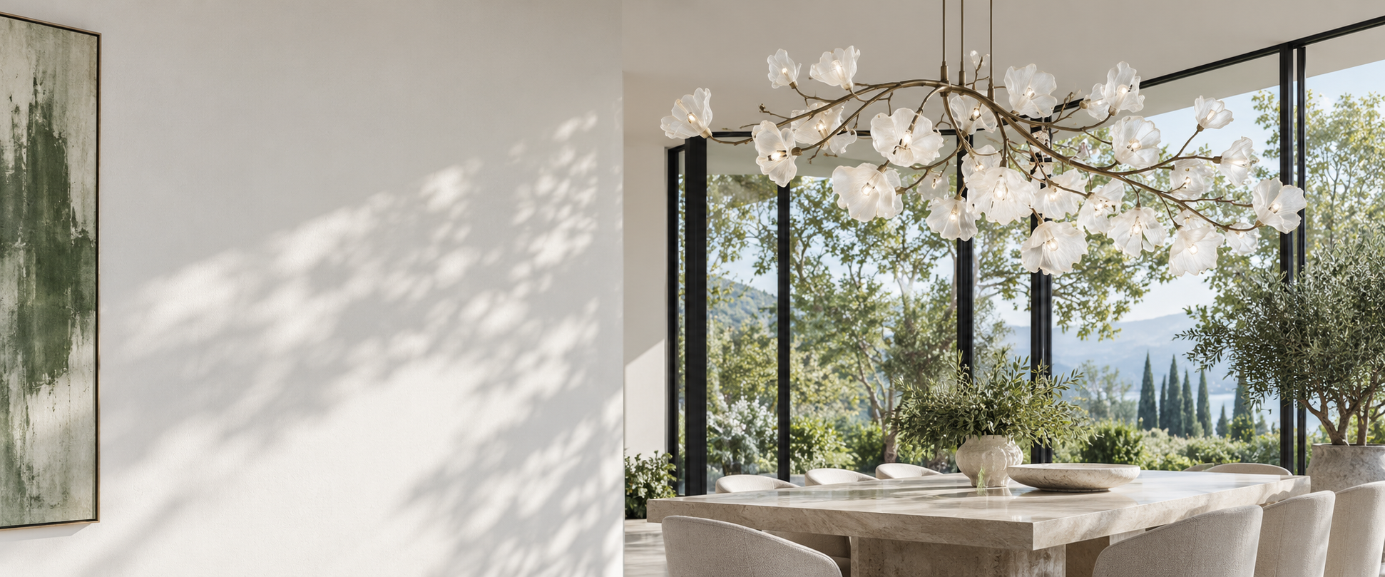 Warm contemporary interior with statement lighting