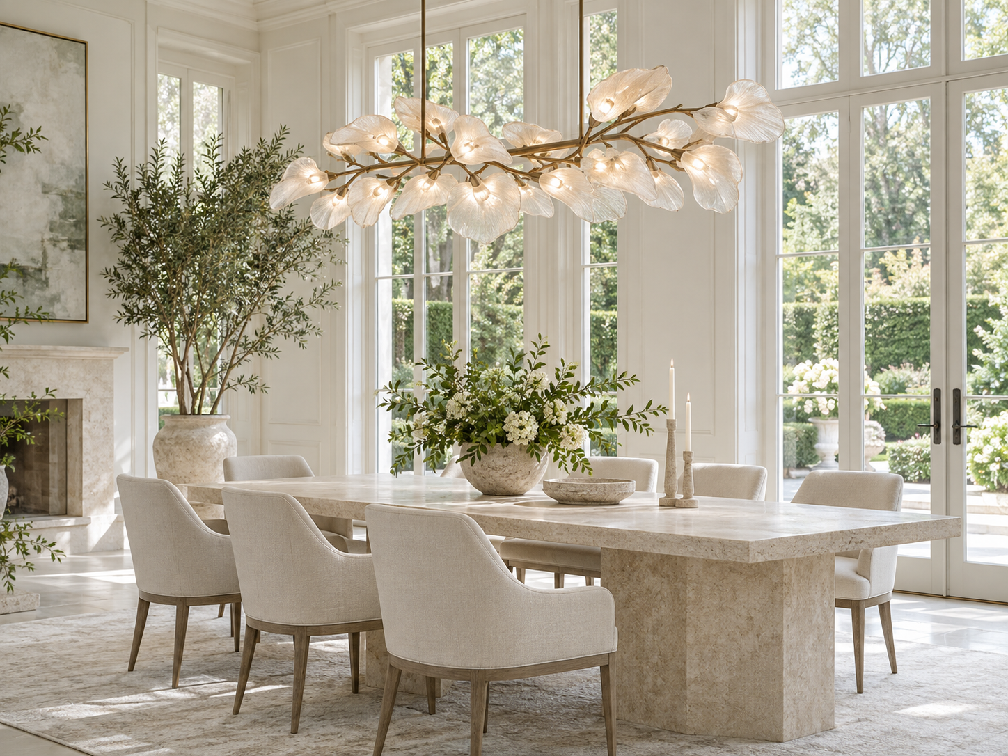 Bright dining room with sculptural chandelier