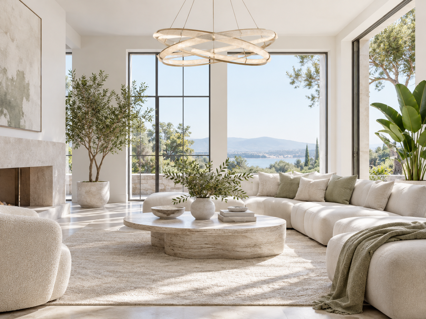 Airy living room with greenery and sculptural lighting